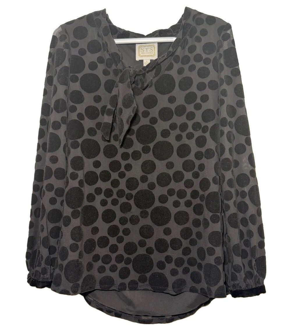 STS Sail to Sable Black Flocked Polka Dot Tie Neck Blouse S Velvet High Low